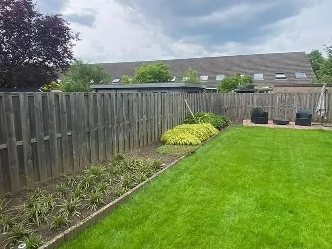 Achtertuin met strak gazon, borders en een houten schutting